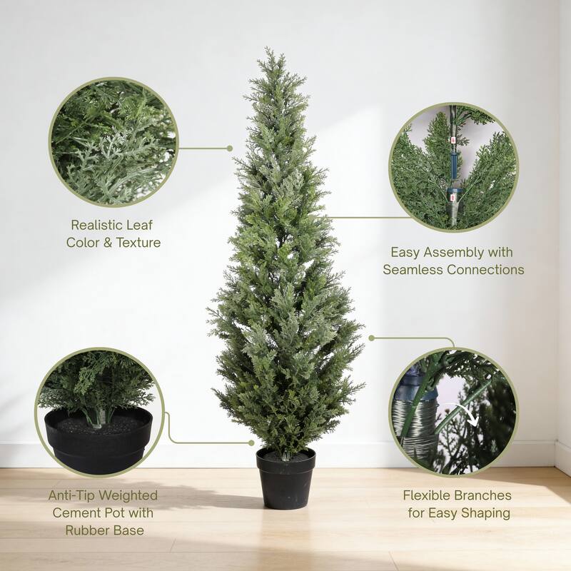 5FT Artificial Cypress Tree in Black Plastic Pot UV Resistant, Realistic Indoor Outdoor Fake Topiary Plant, 1pc/set