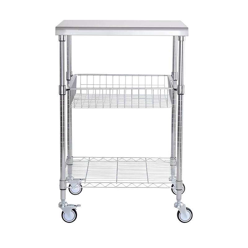 Silver Steel Utility Cart Rolling Cart with Stainless Top, Wheels and 3 Shelves - 20"” L x 24" W x 36.6" H