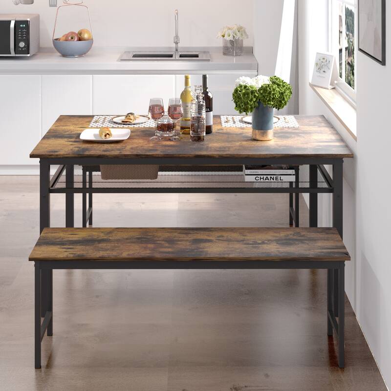 Modern 3-Piece Dining Set with Rectangular Table & 2 Benches - Brown