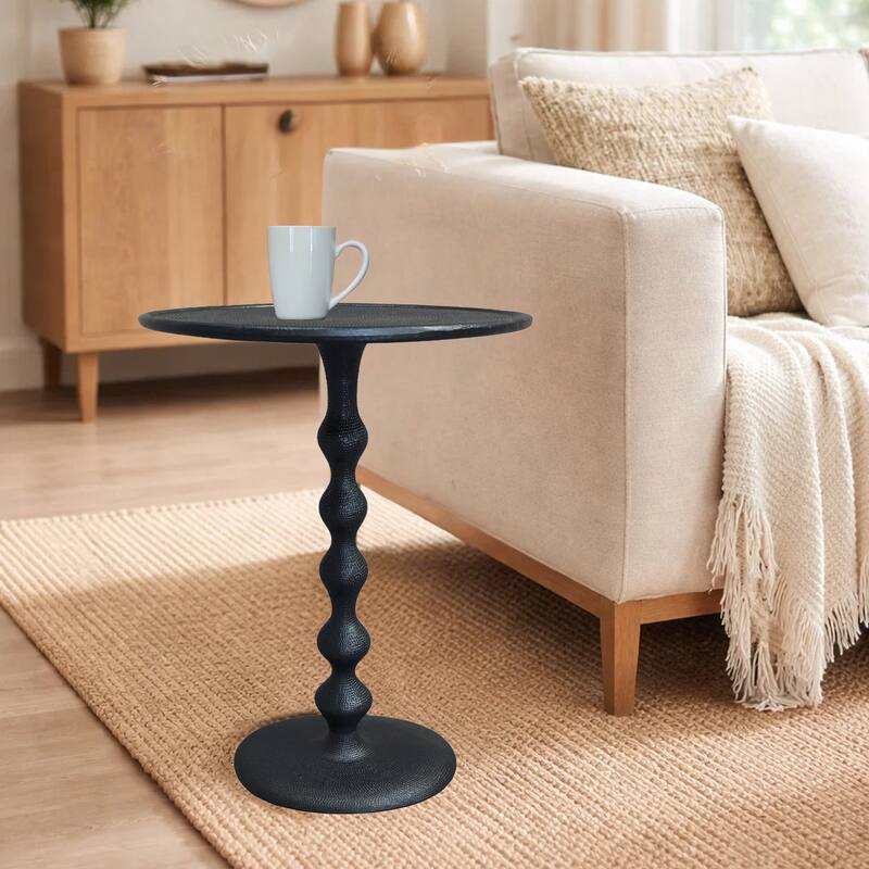 Shae 22 Inch Round Side End Table Matte Black Aluminum Cast, Hammered Texture, Turned Pedestal Post