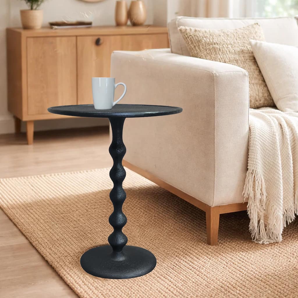 Shae 22 Inch Round Side End Table Matte Black Aluminum Cast, Hammered Texture, Turned Pedestal Post