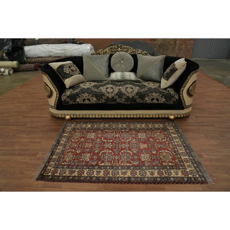 Hand Knotted Oriental 100% Wool Carpet Traditional Geometric Red Super Kazak Area Rug - 5' 7'' X 3' 9''