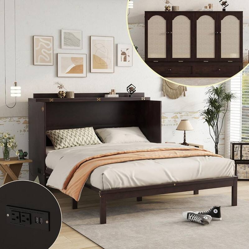 Murphy Bed Cabinet with Large Storage Drawer, Wood Hideaway Wall Bed Frame with USB Ports, Rattan Decoration Panel - Espresso