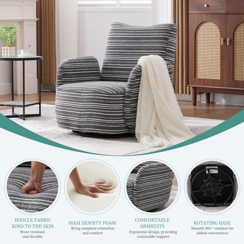 HOMEFUN Boucle Upholstered 360° Swivel Fabric Striped Armrest Leisure Chair for Living room and Bedroom