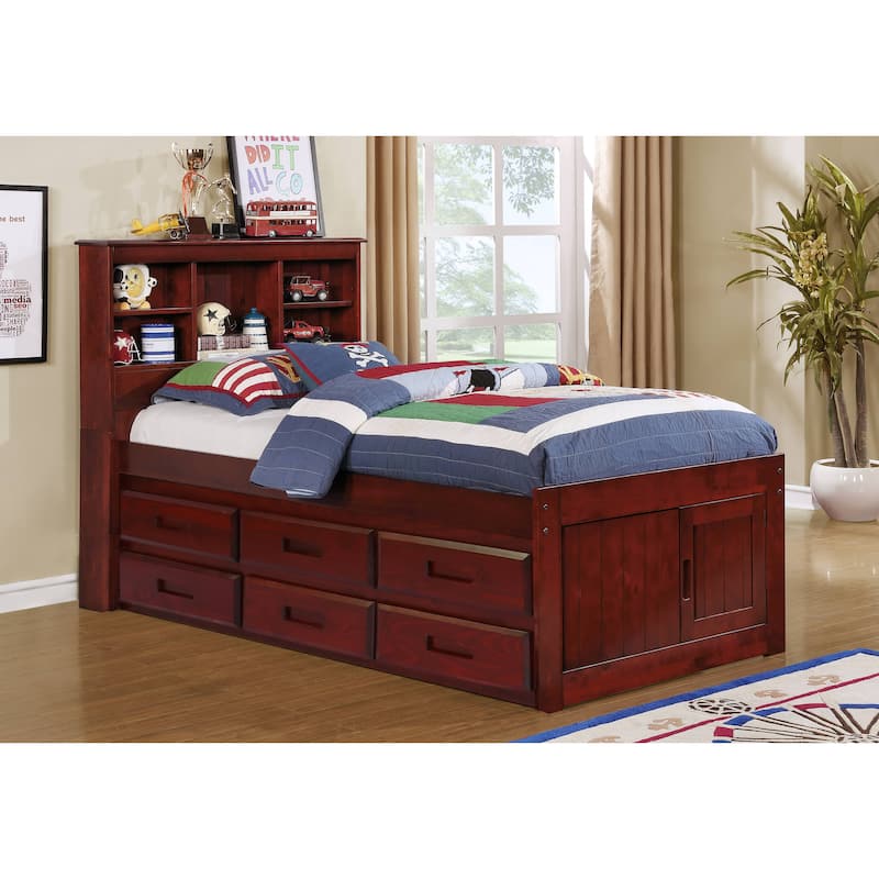OS Home and Office Furniture Model Solid Pine Twin Captains Bookcase Bed with 6 drawers in Rich Merlot