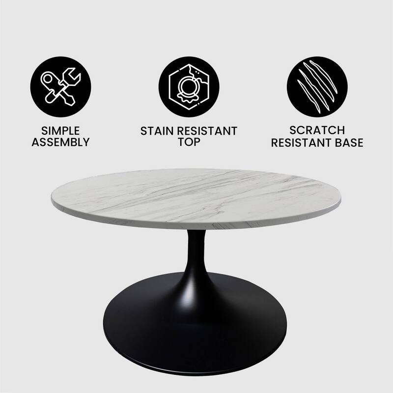 LeisureMod Verve 27" Round Coffee Table with Resin TableTop and Black Steel Base for Living & Bedroom