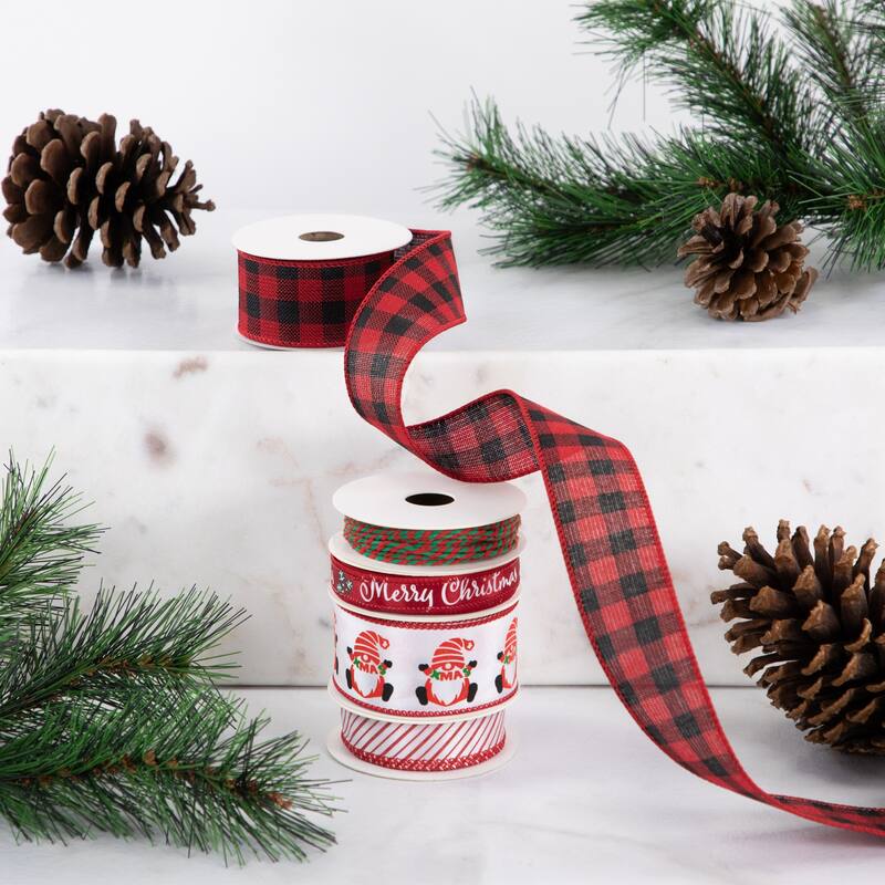 Set of 5 Santa Gnome Matching Themed Craft Christmas Ribbons 1.5" x 3 Yards