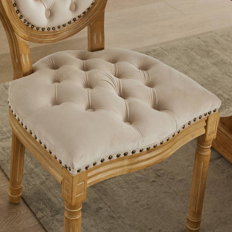 French Style Solid Wood Chairs Antique Painting Velvet Artificial leather Dining Chair w/ Nailhead Trim Set of 2