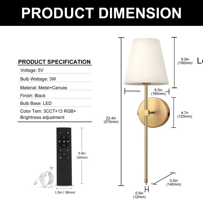 YANSUN Indoor Rechargeable Wall Light,With White Fabric Shade Infrared Remote Control, Set of 2, Matte Gold - 12*8*7