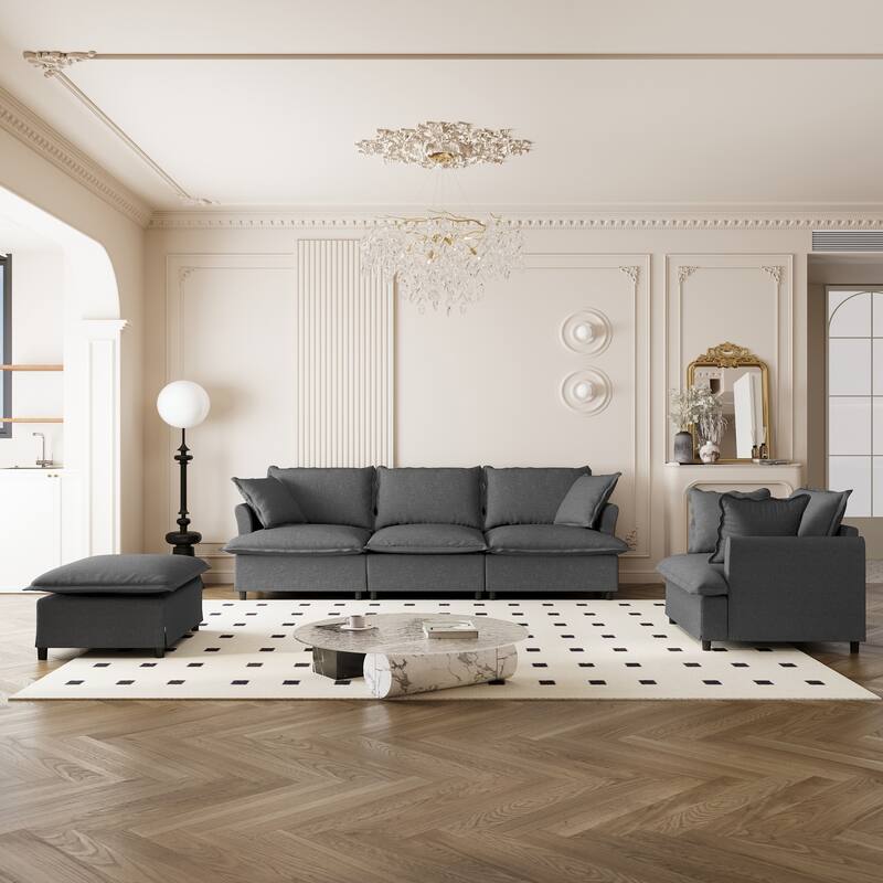 DIY Free Combination Sofa Set with Throw Pillows, Chenille Modular Sectional Sofa for Livingroom Upholstered Cloud Couch - Gray - 3 Seat+ Single Seat + Ottoman