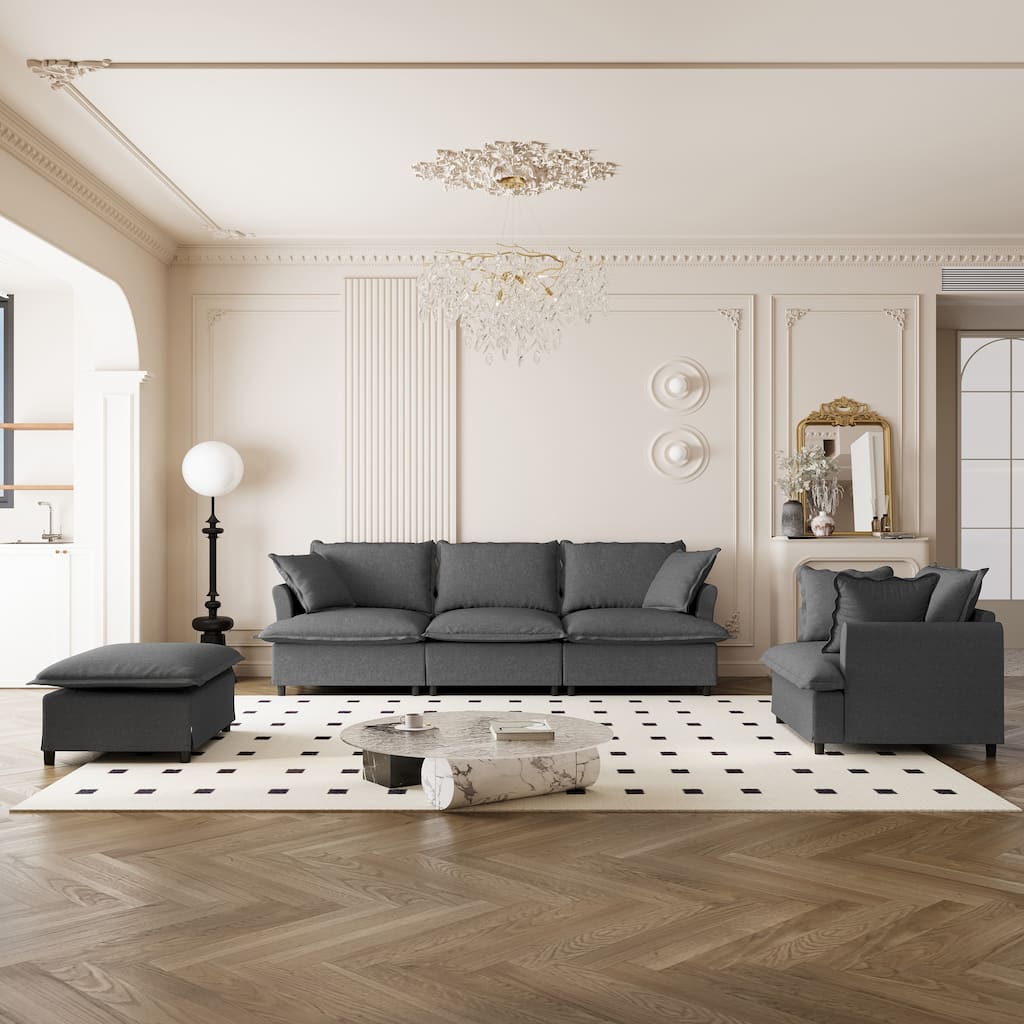 Modular L Shaped Chenille Sectional Couch w/Armchair & Movable Ottoman