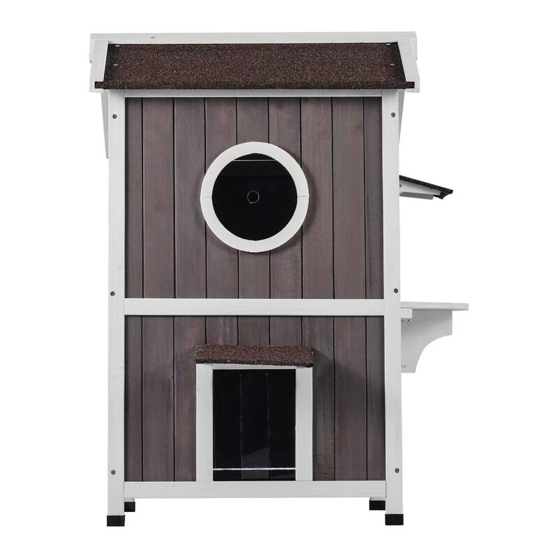 Grey Wooden Double Layer Outdoor Cat House with Asphalt Roof and Flaps Door - 23” x 26” x 36”