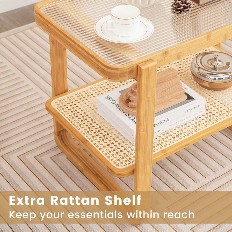 2-tier Wicker Side Table with Glass Top-Natural - 28" x 17.5" x 21.5"