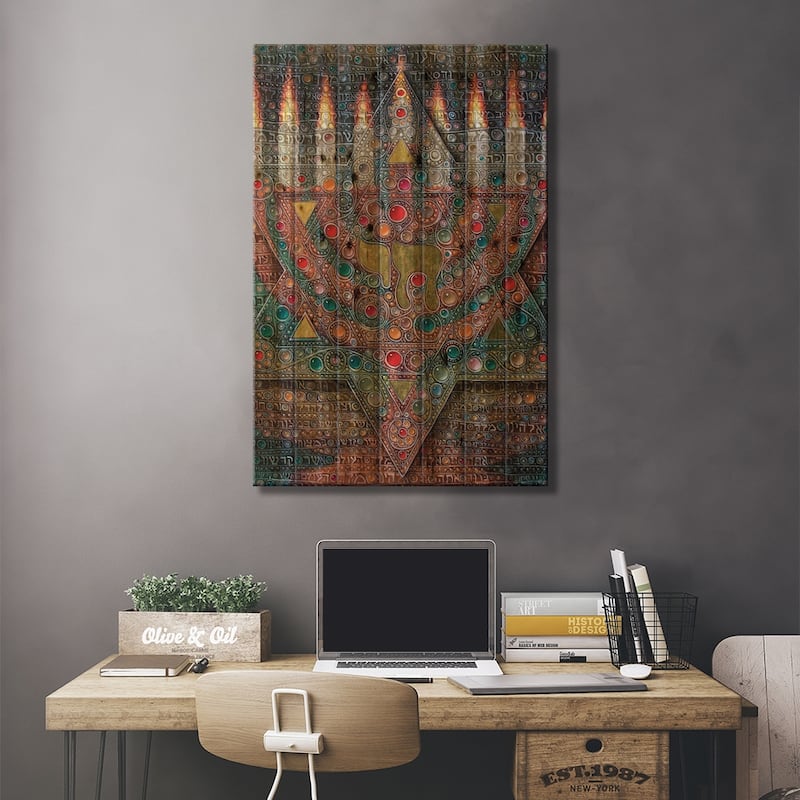 Chanukah Prayer Print On Wood by Victor Molev - Multi-Color