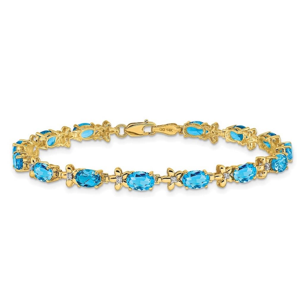 Curata Yellow or White 14k Gold 4.5mm 7" Gemstone and Diamond Flower Bracelet