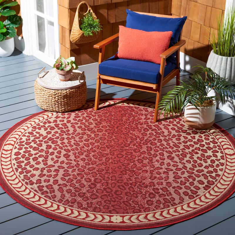 SAFAVIEH Courtyard Sanyi Indoor/ Outdoor Waterproof Patio Backyard Rug - 6'7" Round - Red/Beige