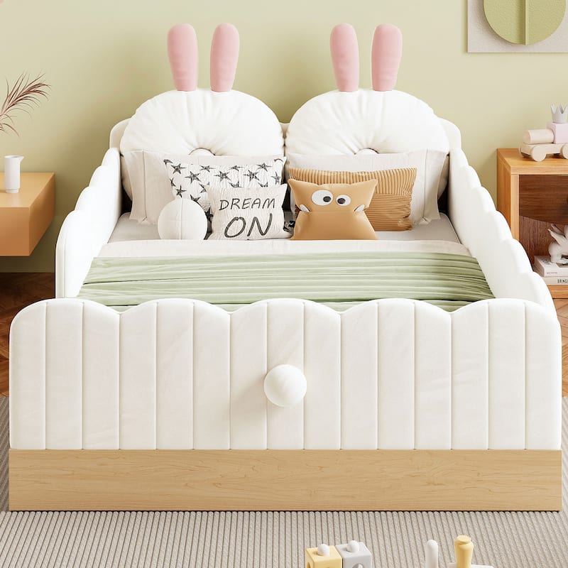 Twin Size Upholstered Bed with Bunny Ear Shape Pillows and Rabbit Tail Footboard, Storage Bags, Wave Frame Platform Bed