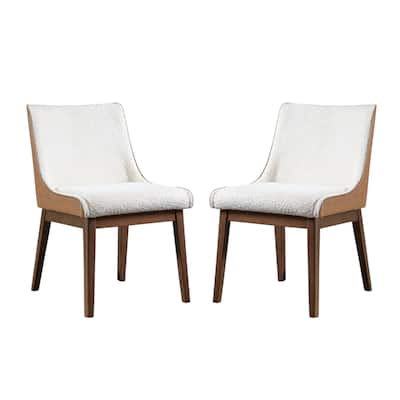 Set of 2 Upholstered Dining Chairs with Padded Seats in Walnut and Beige