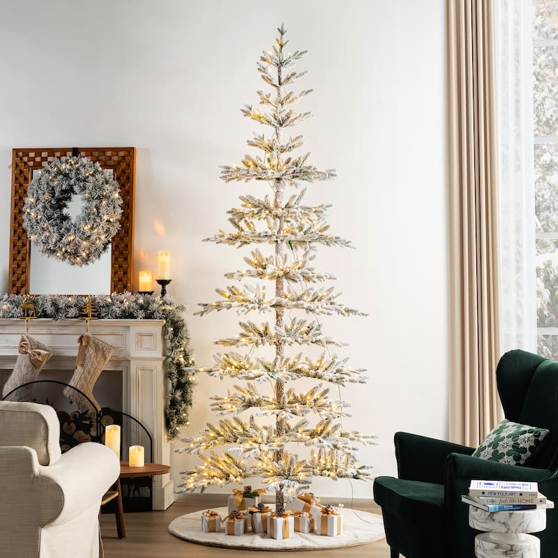 Glitzhome 6ft/7ft/9ft Deluxe Pre-Lit Flocked Slim Fir Artificial Christmas Tree with Warm White Lights