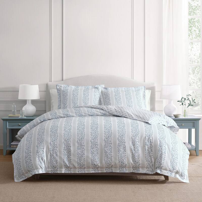 Martha Stewart Verbena Stripe Cotton Reversible Blue Comforter Set