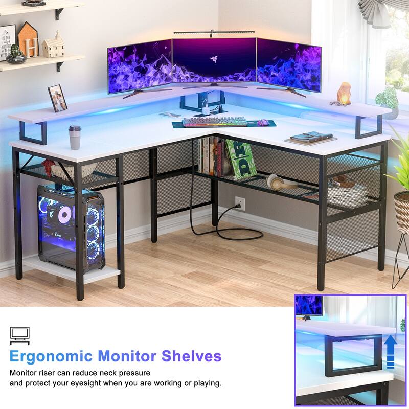 L Shape Computer Desk Reversible Gaming Desk with Charge Station and LED Light