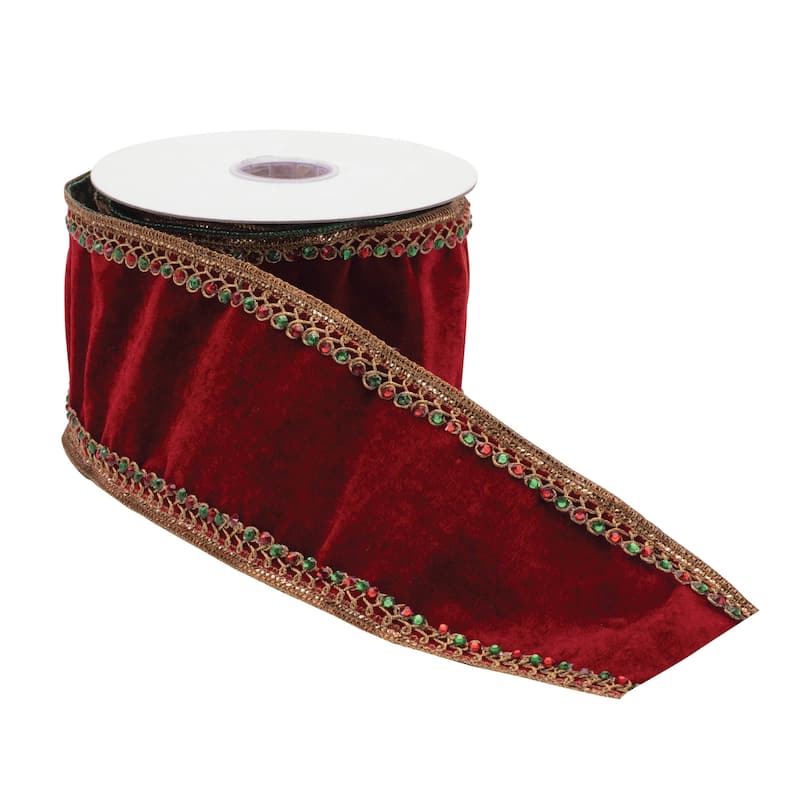 Red Green Gold Jewel Trim Wired Ribbon 4x5 Yds Set of 2 - 180” x 4” x 0.25”