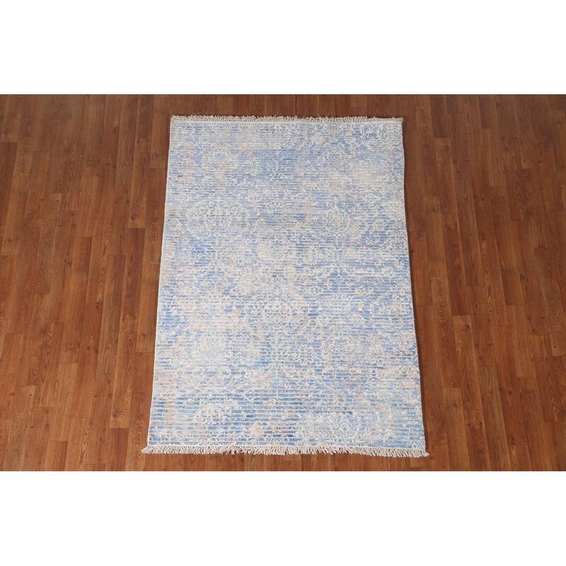Striped Blue Abstract Modern Accent Rug Handmade Wool Carpet - 3'11"x 5'7"