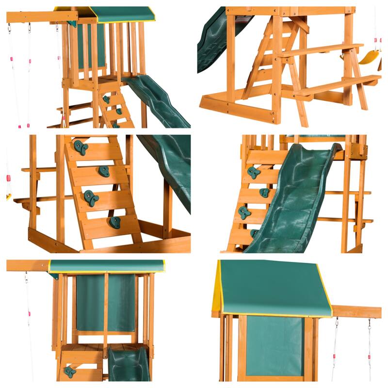 Outdoor 3 in 1 Wood Swing Set with Slide, 2 Swings and Climber