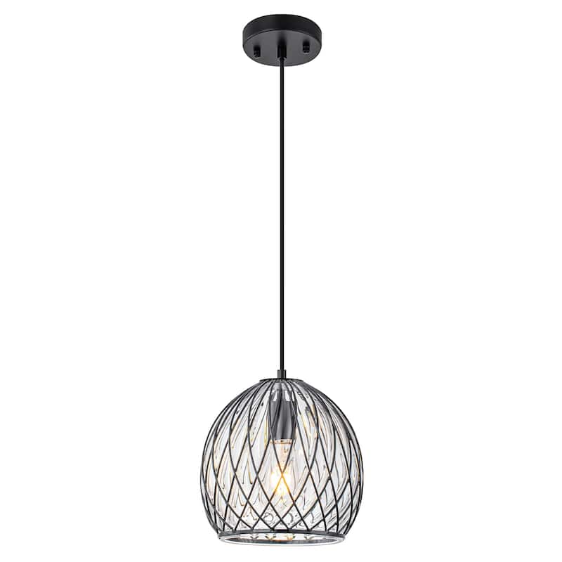 Modern Matte Black Pendant Light with Globe Glass & Wire Cage Kitchen - Dia.8.66-in - Dia.8.66-in