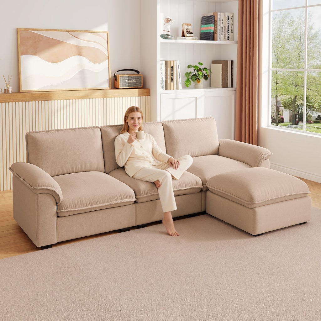 102" L-Shaped Chenille Sectional Sofa with Movable Ottoman