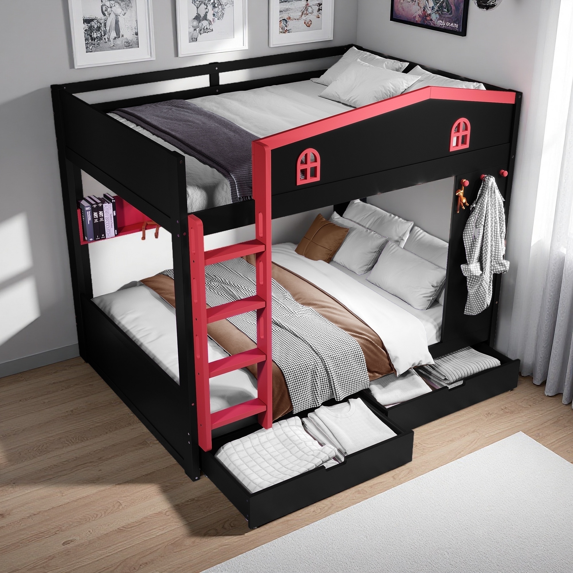 Queen over Queen Solid Wood Bunk Bed with Trundle, Storage Shelves & Hooks, Space-Saving No Box Spring Needed