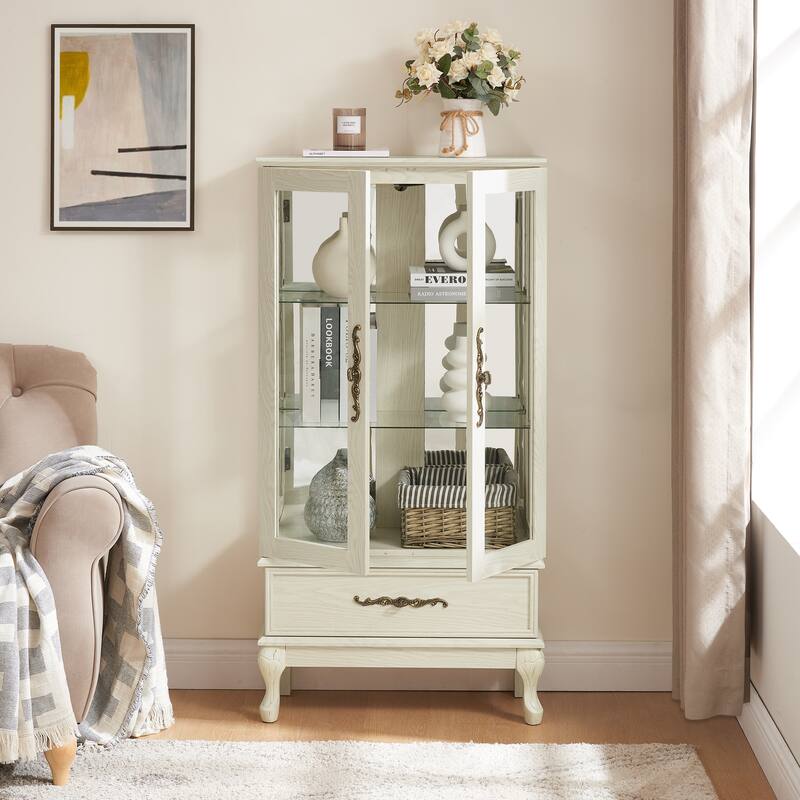 Vintage Display Cabinet with 2 Doors, Adjustable Glass Shelves and 1 Drawer
