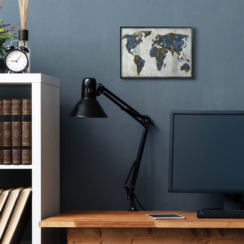 Stupell Gold Blue World Map Design Framed Wall Art