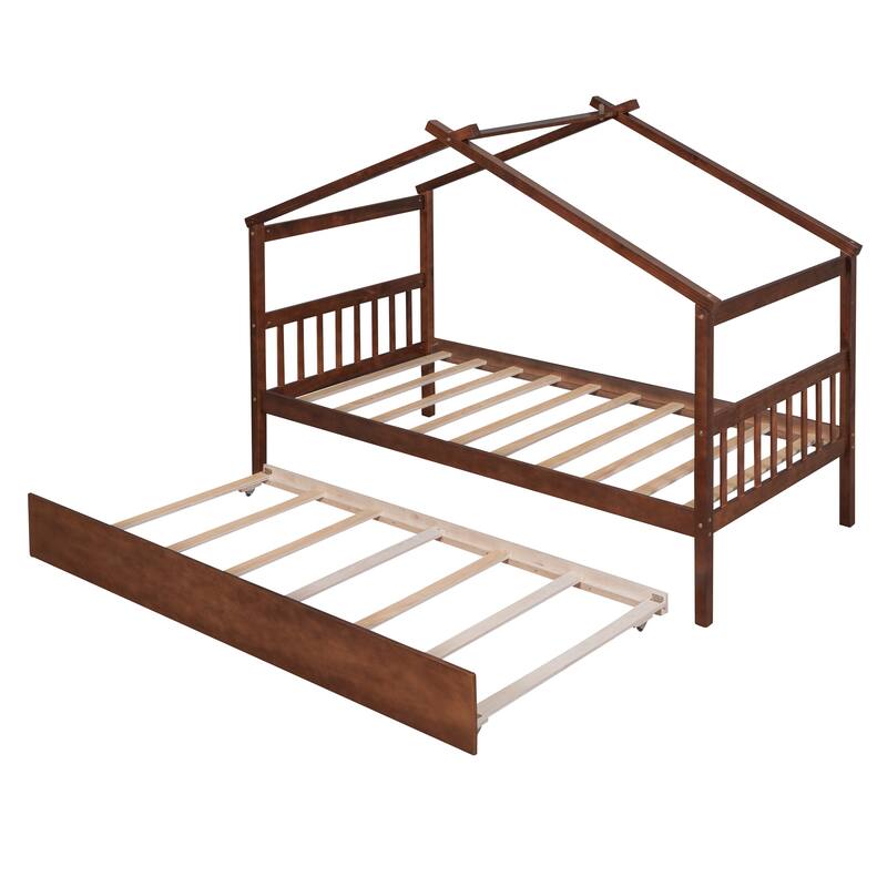Twin/Full House Bed with Pull-Out Trundle, Solid Pine Wood Frame for Sleepovers