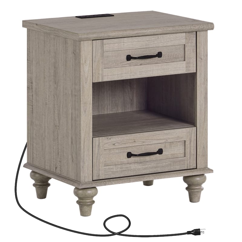 Farmhouse End Table Nightstands with Charging Station & Drawer - 1 Piece - with drawer & shelf - Grey