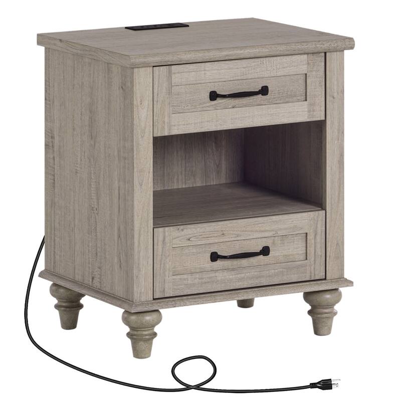 Farmhouse Nightstand Bedside Table, Wood 2-Drawer Side Table - Grey - 2-drawer