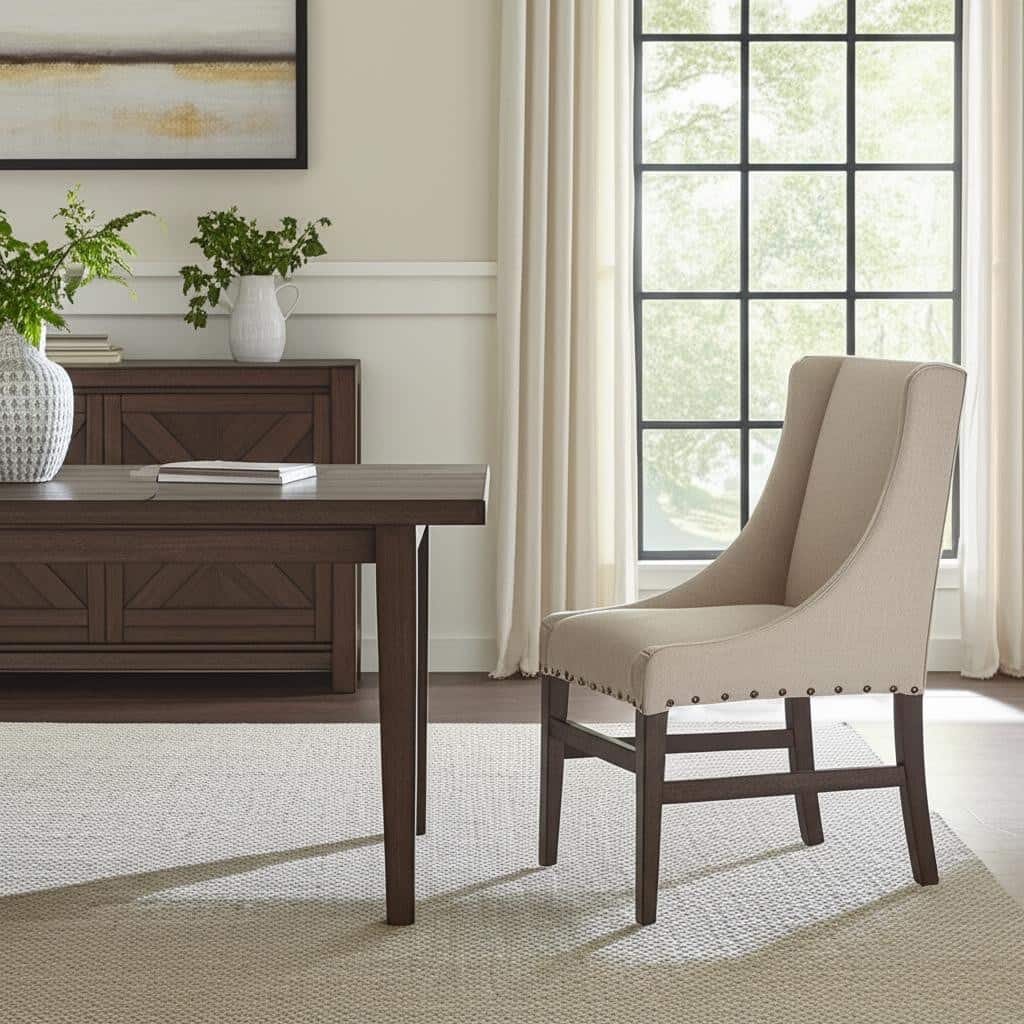 HomeRoots Cream and Brown Upholstered Linen And Solid Wood Dining Side Chair - 23.25 in. x 39.5 in. x 22.25 in.