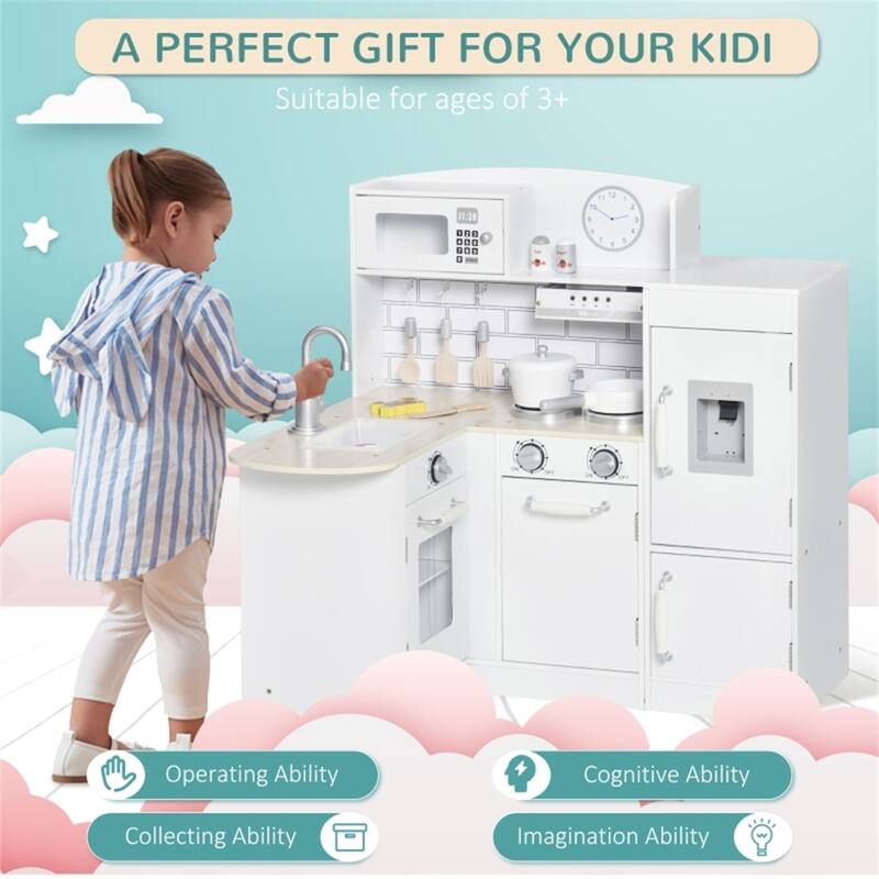 Kids Wooden Corner Kitchen Playset with Sink Stove Refrigerator and Accessories White Silver Pretend Cooking