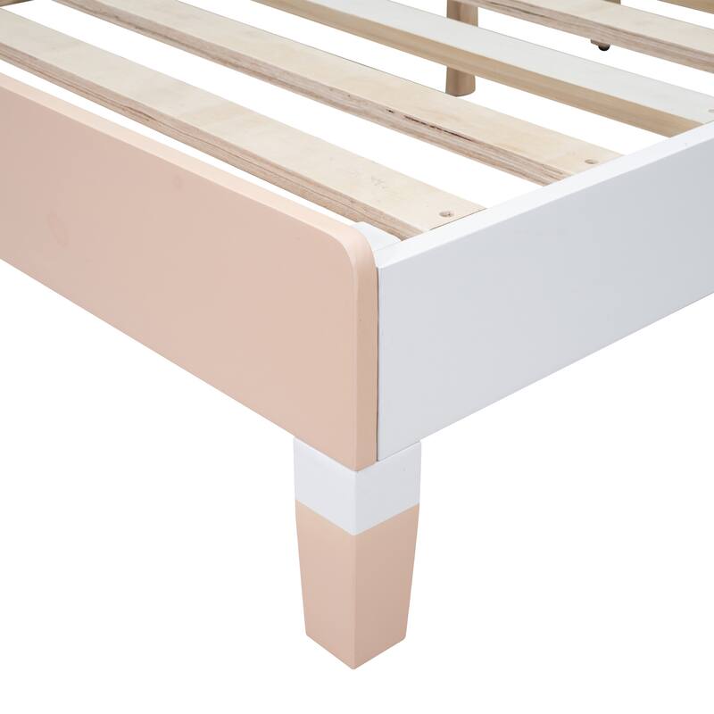 Queen Size Wood Platform Bed with Bow-shaped Pattern Headboard for Kids for Bedroom