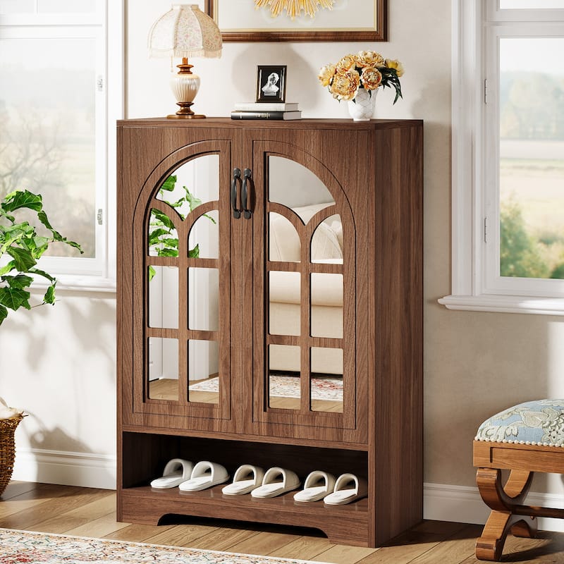 5-Tier Shoe Storage Cabinet with Mirrored Doors for Entryway - Brown