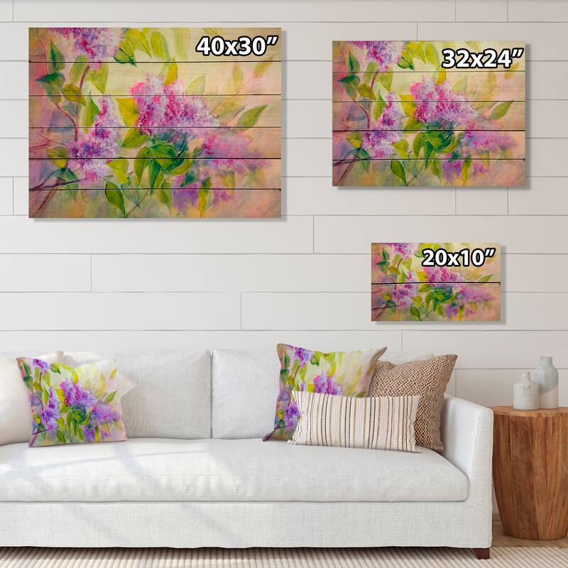 Designart 'Modern Purple Lilac Flowers VII' Traditional Wood Wall Art - Natural Pine Wood