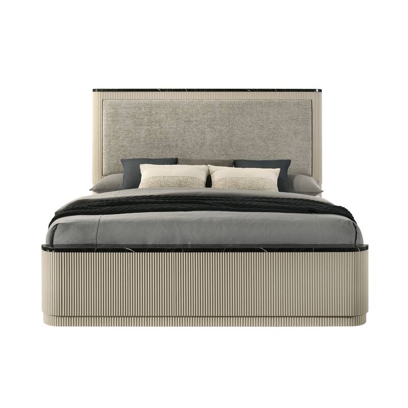 Queen Bed with Linen Headboard, Metal Drawers, and Marble Print Design - Beige