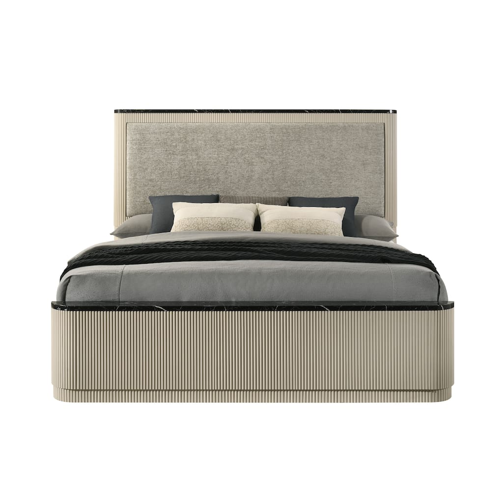 Queen Bed with Linen Headboard, Metal Drawers, and Marble Print Design