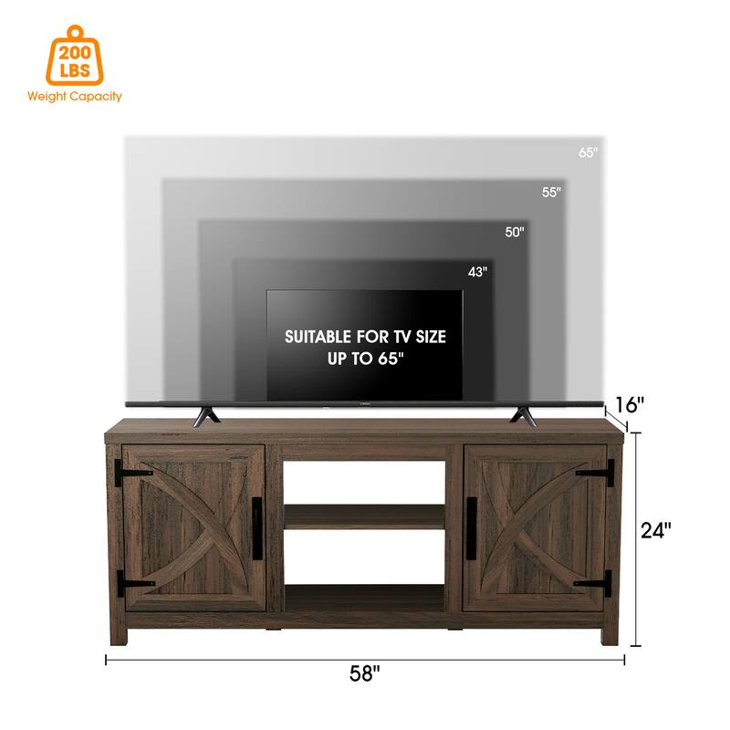 58" Rustic Walnut Barn Door Wood Console TV Stand for TV's up to 65" - 58 inches in width