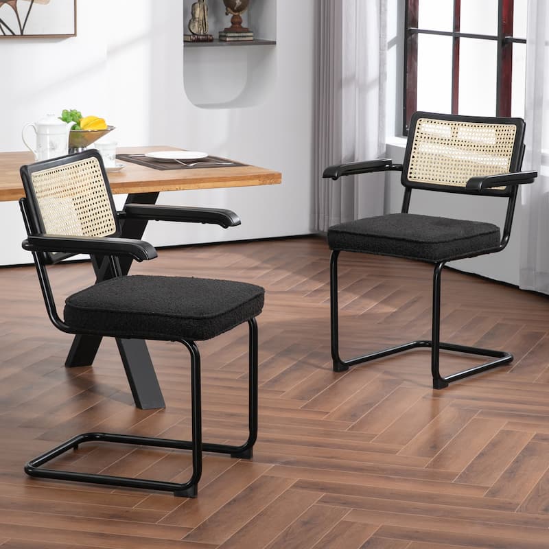 Set of 2 Azra Black Boucle Dining Chair with Rattan Backrest and Black Iron Legs