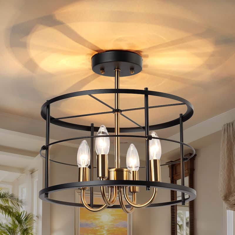 Modern 4-Light Black Gold Drum Semi Flush Mount Foyer Kitchen Ceiling Lights