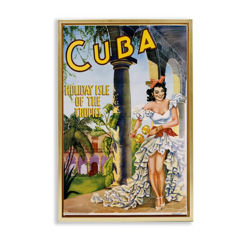 Stupell Cuba Travel Advertisement Framed Floater Canvas Wall Art Design By Marcus Jules - 17 x 25 - Gold