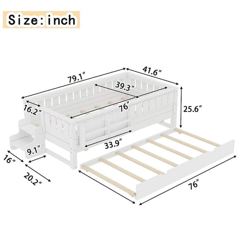 Full/Twin Loft Bed with Bookshelves, Safety Stairs & Trundle