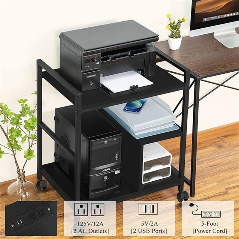 Printer Stand with Charging Station and USB Ports Large 3-Tier - 24"D x 18.62"W x 30.86"H