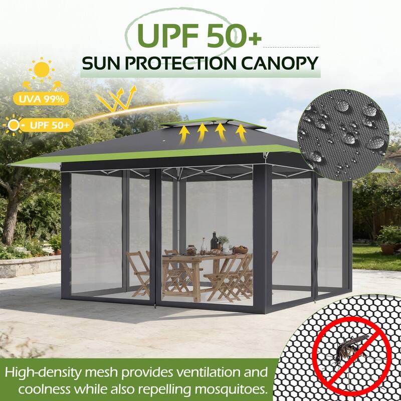 13x13 FT Pop Up Canopy Tent with Netting, UPF 50+ Outdoor Canopy with Automatic Eaves & One-Push Lock, for Patio & Parties
